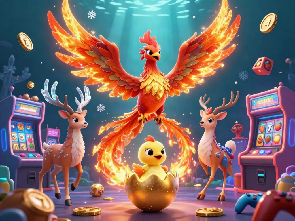 Experience the excitement of slot games with a fire phoenix and gaming elements in a dynamic 3D scene.