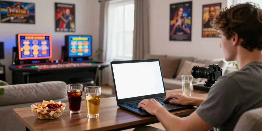 Engaging LU88 online gaming experience with user on laptop, vibrant slots, cozy atmosphere.