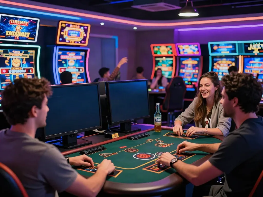 Action-packed gaming scene showcasing a casino not on Gamstop with diverse players engaged in thrilling online experiences.