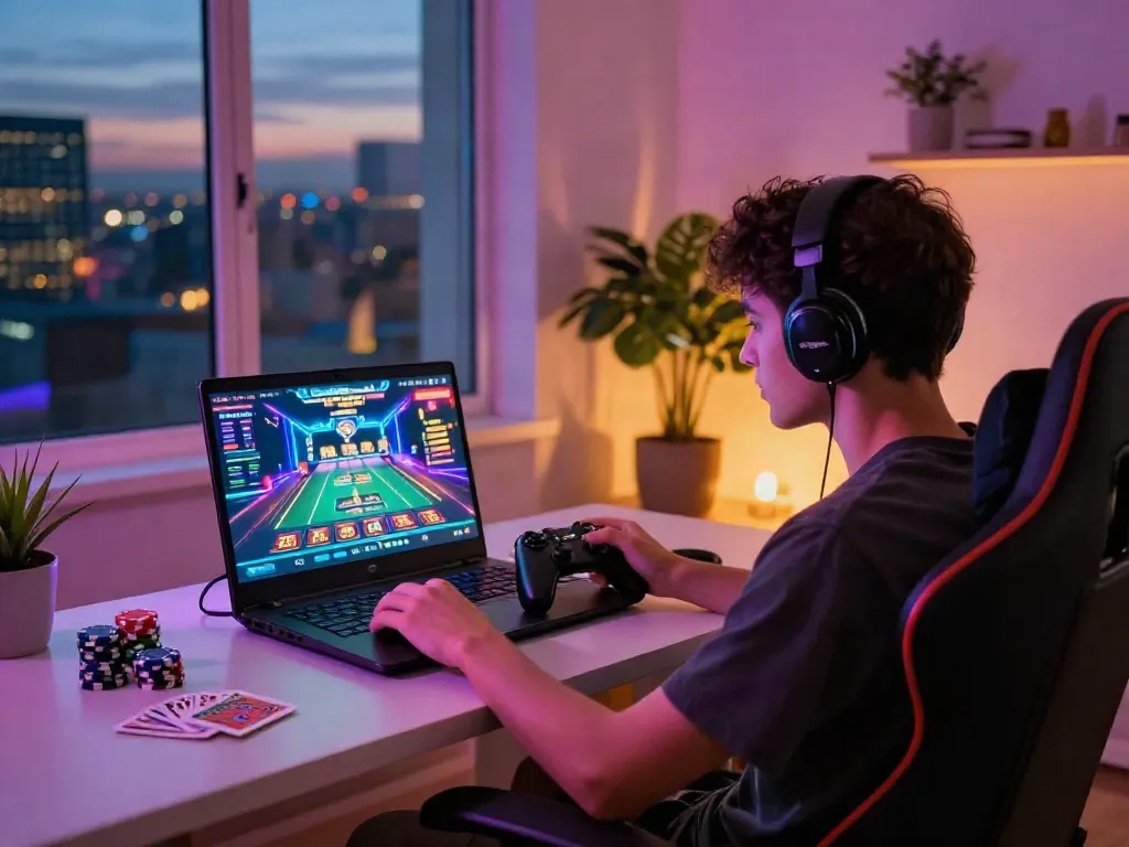 Player enjoying a thrilling online casino game not on Gamstop with colorful lights.