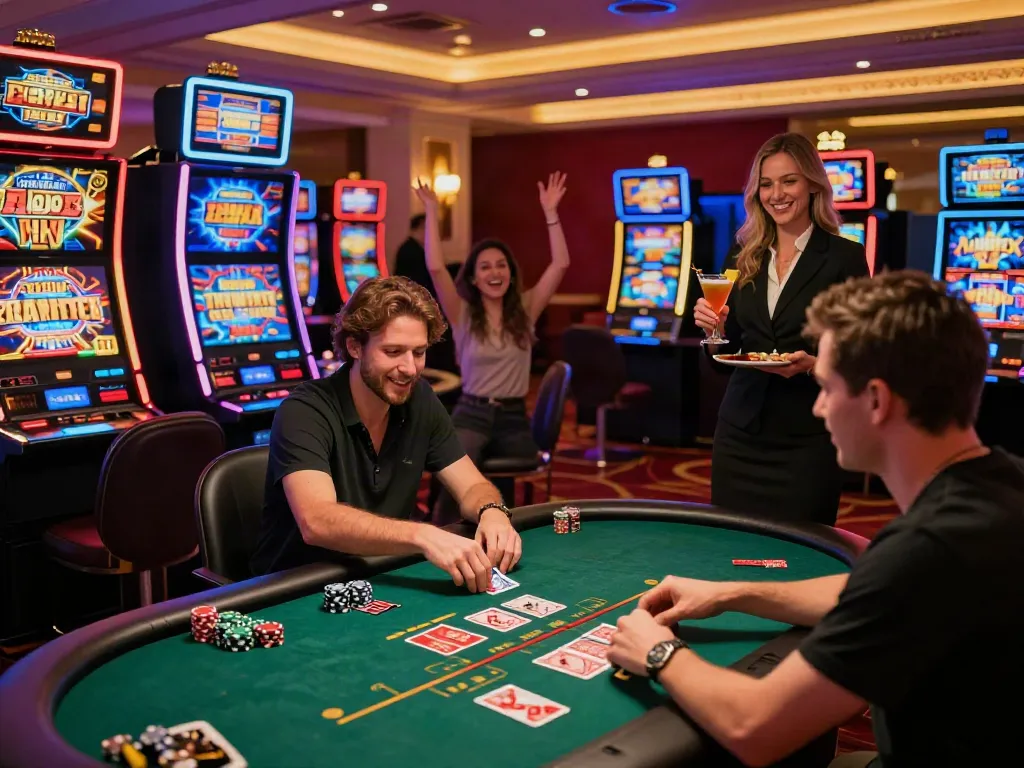 Excited player at a casino not on GamStop surrounded by vibrant slot machines and friends.
