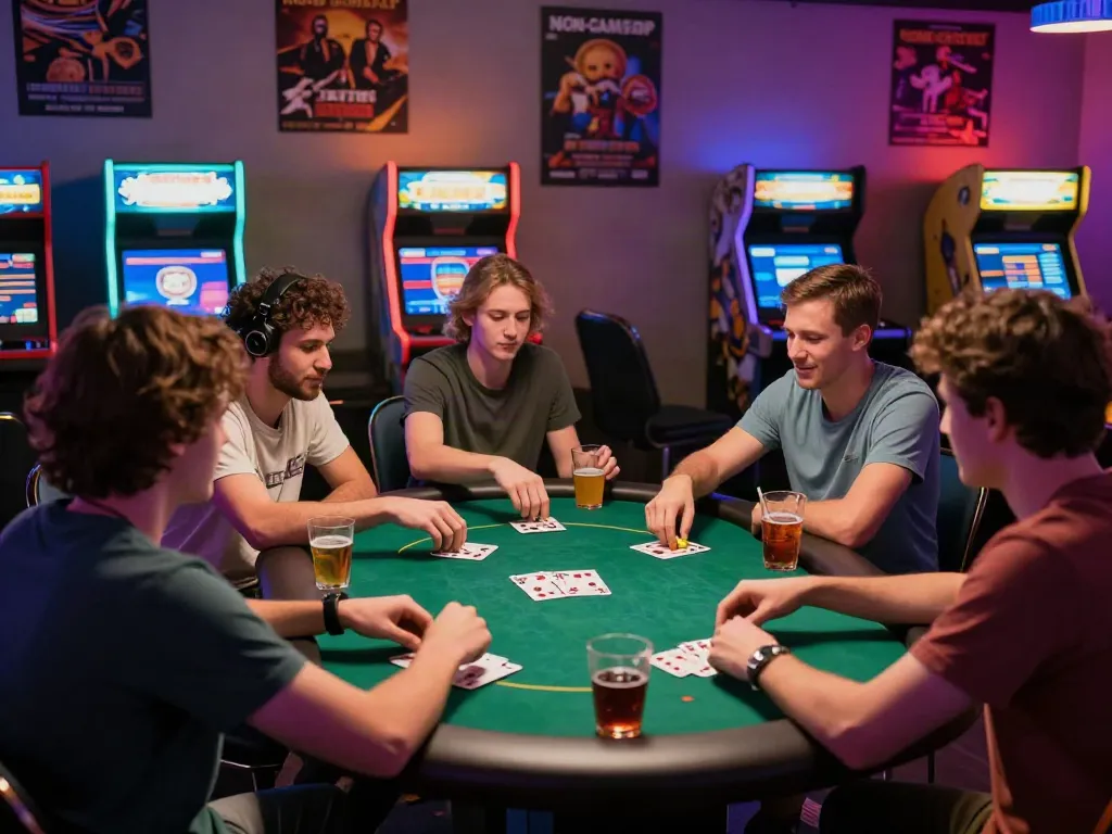 Friends enjoying a game night in a casino not on Gamstop, vibrant atmosphere with poker and arcade machines.