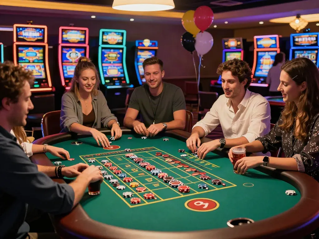 Friends enjoying games at a lively casino not on Gamstop, with vibrant atmosphere and excitement.