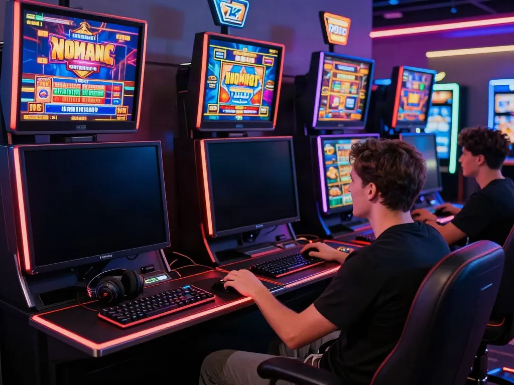 Exciting gaming scene showcasing casino not on GamStop with vibrant monitors and immersive atmosphere.
