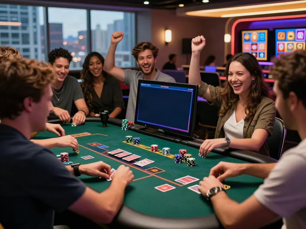 Casino not on GamStop scene with diverse players at gaming table celebrating wins.