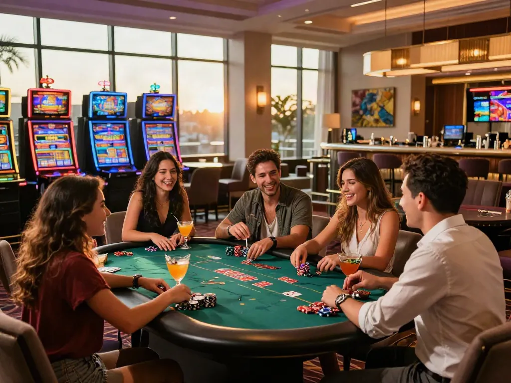 Engaging scene at a casino not on gamstop with friends playing poker and enjoying cocktails in a vibrant lounge atmosphere.