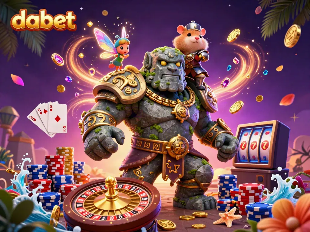 Experience exciting gaming at Dabet with a vibrant scene of a golem, fairy, and hamster knight in an energetic casino atmosphere.