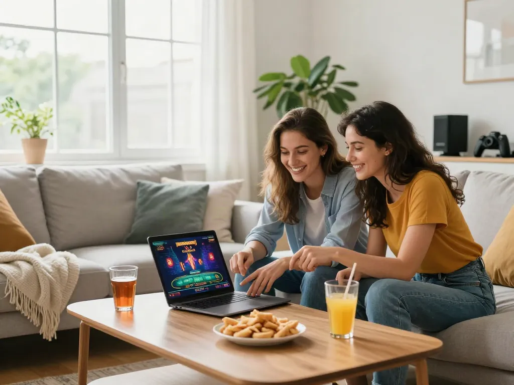 Couple enjoying a casino not on gamstop game in a cozy living room.