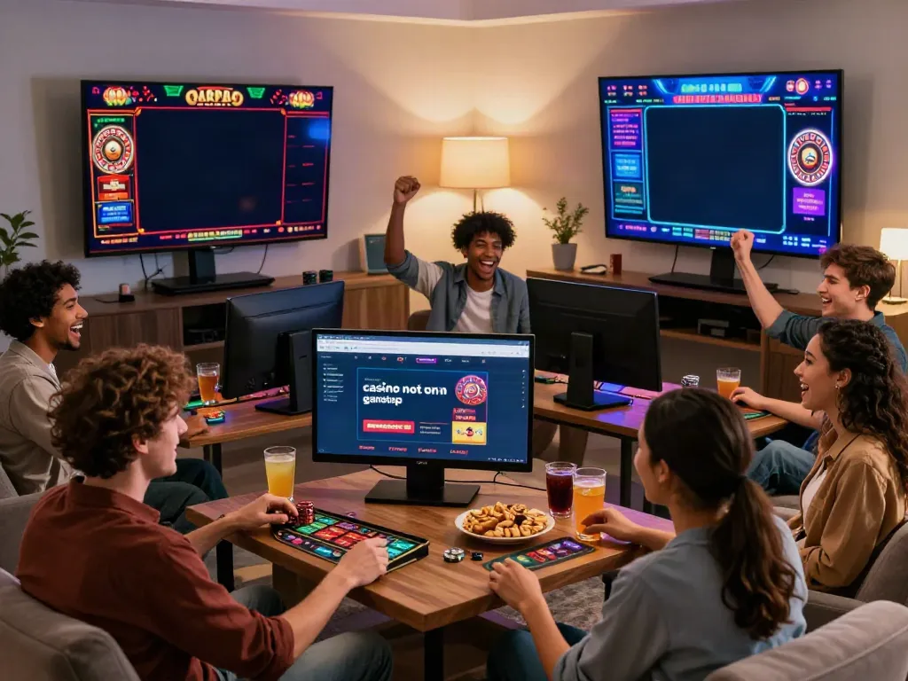 Group of friends enjoying a game night with casino not on gamstop.