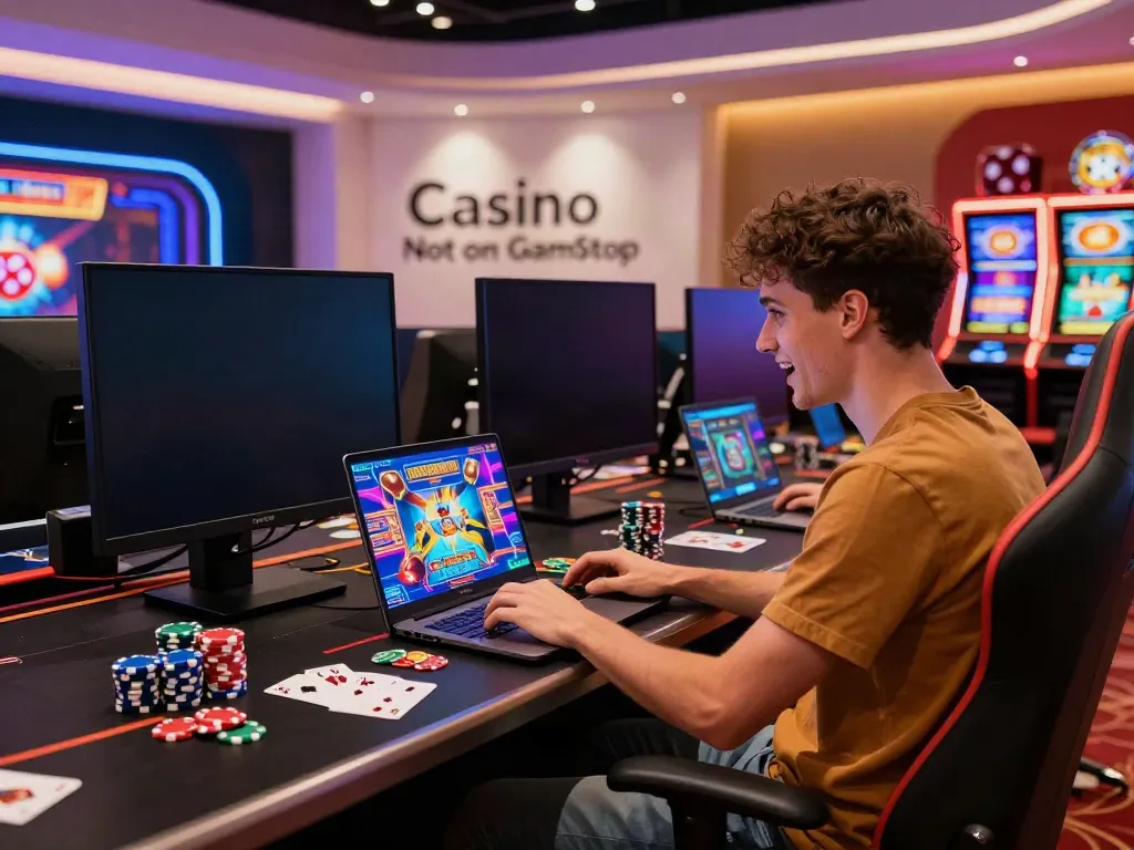 Excited player engaging with a casino not on GamStop game on a vibrant laptop, casino decor surrounding.