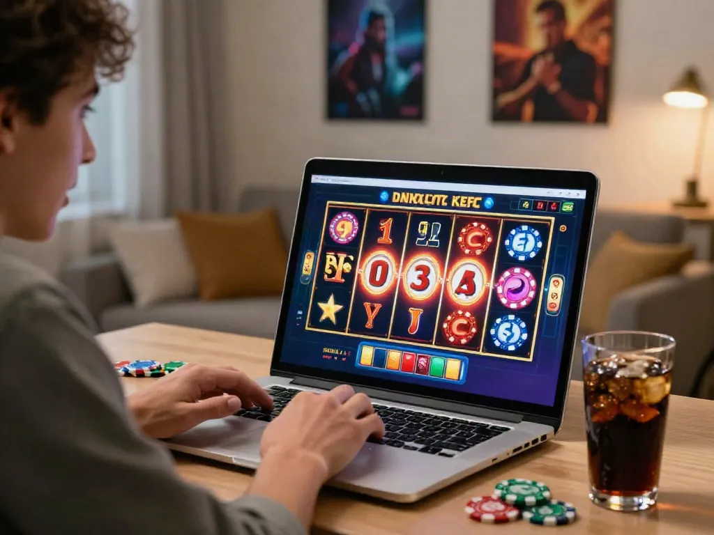 Engaged player at casino not on gamstop, enjoying bright digital gaming experience.
