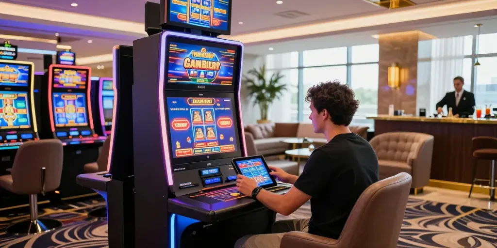Engaging player enjoying a casino not on gamstop experience with neon lights and modern decor.