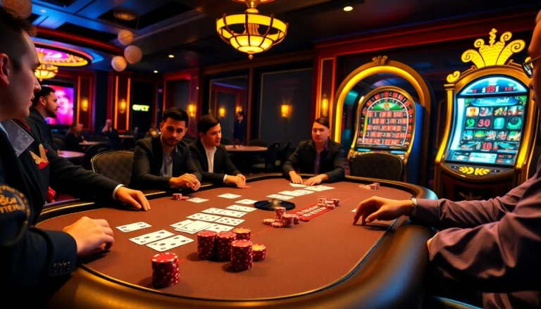 Players engaged in a thrilling game at an f168 vip poker table, surrounded by luxury casino elements.