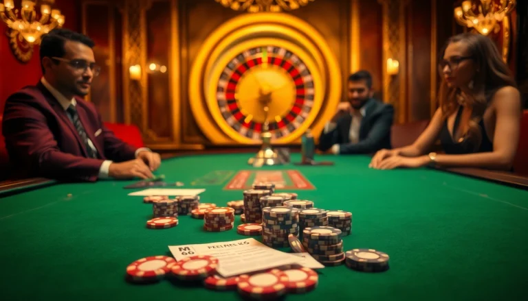 Engaged players betting in a luxurious casino poker scene featuring MB66 elements.