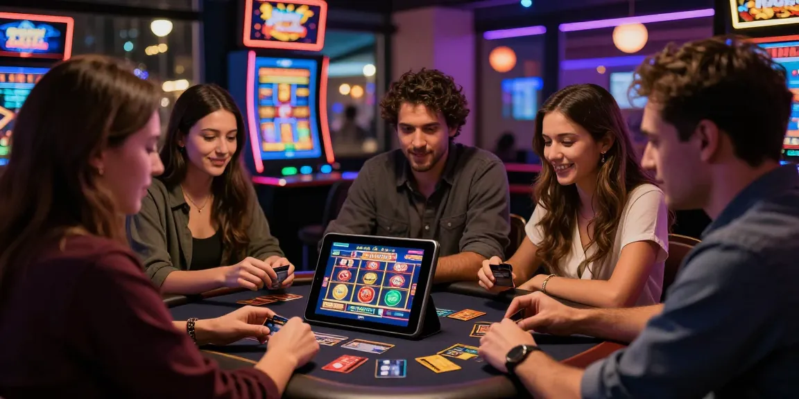 Exciting players enjoying credit card casinos with vibrant games, festive lights, and credit cards on the gaming table.