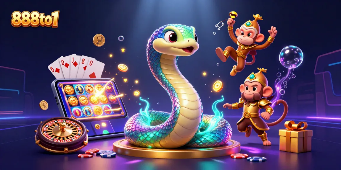 Experience the thrill of gaming with 888to1: a vivid scene of a rainbow serpent and monkey king among slot games, cards, and coins.