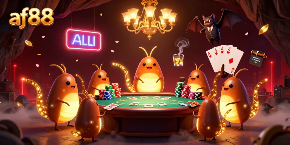 Experience the thrill of poker at af88, featuring glowworms and a bat dealer in a vibrant casino scene.
