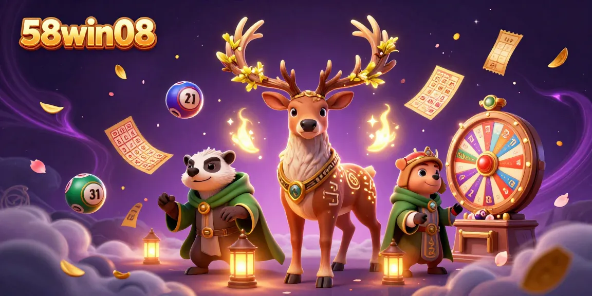 Join the excitement at 58win08 with colorful lottery balls bouncing joyfully in a vibrant casino scene.