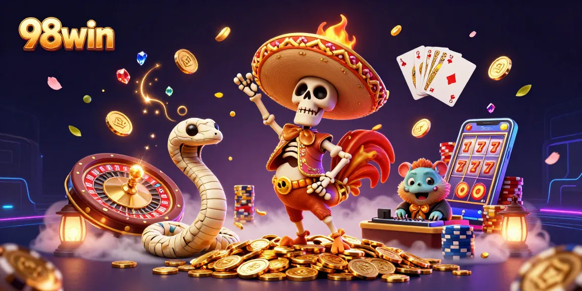 Engage and win at 98win with a lively casino scene featuring characters and vibrant gaming elements.