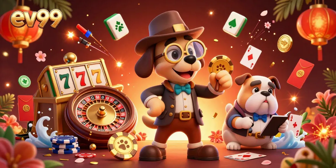 ev99: Engage in thrilling poker games with vibrant floating symbols and a playful detective scene.