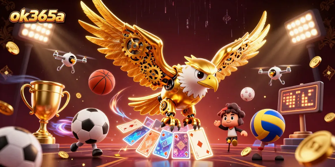 Engage with the dynamic gaming world of ok365a, featuring a cybernetic eagle amidst vibrant sports elements.