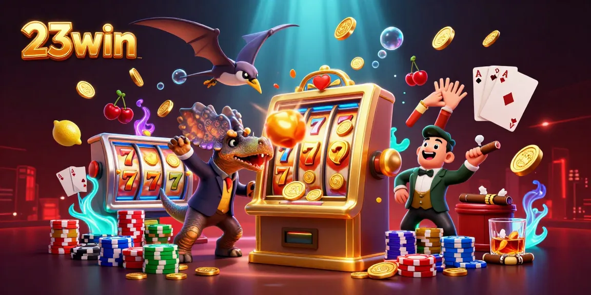 Catch prizes at 23win with a pachycephalosaurus celebrating jackpot wins amidst colorful slots!
