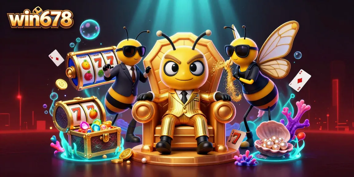 Experience the win678 casino thrill with a dynamic bumblebee mob boss in a lavish throne room surrounded by casino elements.