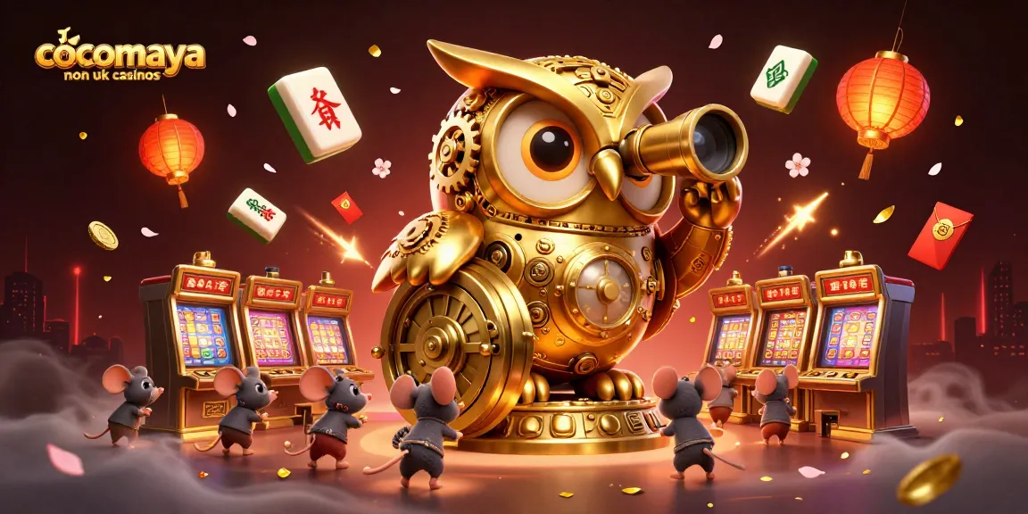 Experience thrilling gaming at cocomaya non uk casinos, featuring a golden owl and bustling casino action.