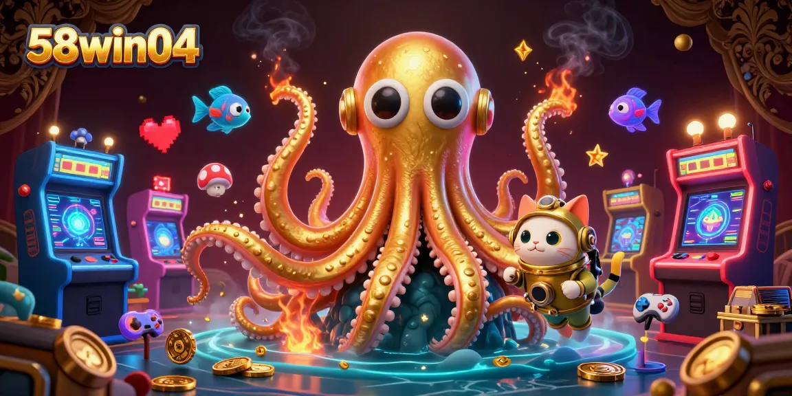 Immerse yourself in gaming action with 58win04 featuring a kraken, diving cat, and arcade elements.