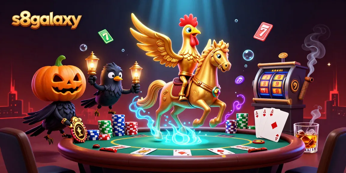 S8galaxy delivers an exciting gambling experience with vibrant 3D casino illustration showing a golden rooster amidst poker chips and winning elements.