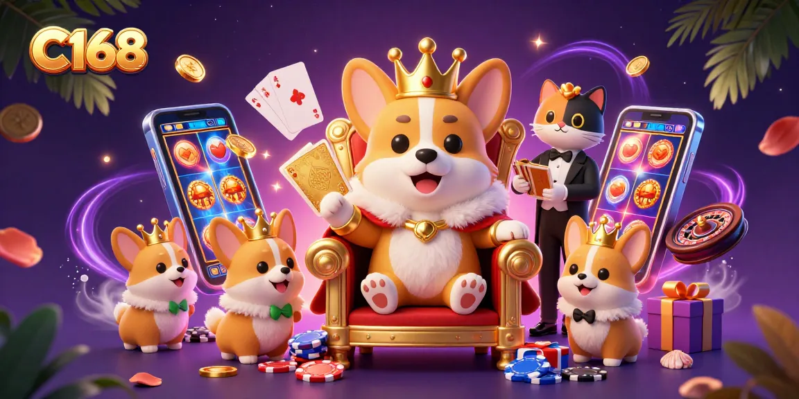 C168 showcases vibrant corgi and cat characters in a colorful casino scene, celebrating wins with coins and games.