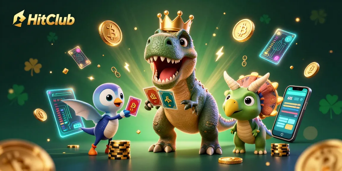 HitClub showcases a playful T-Rex card player with crypto elements, exuding casino excitement.