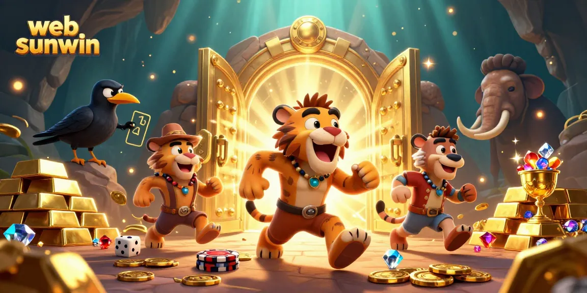 Engage with web sunwin in this vibrant prehistoric casino scene featuring lively characters and gold treasures.