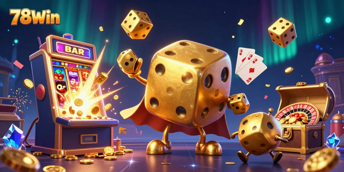 Engage with 78Win's vibrant casino scene featuring dice, slot machines, and golden treasures.