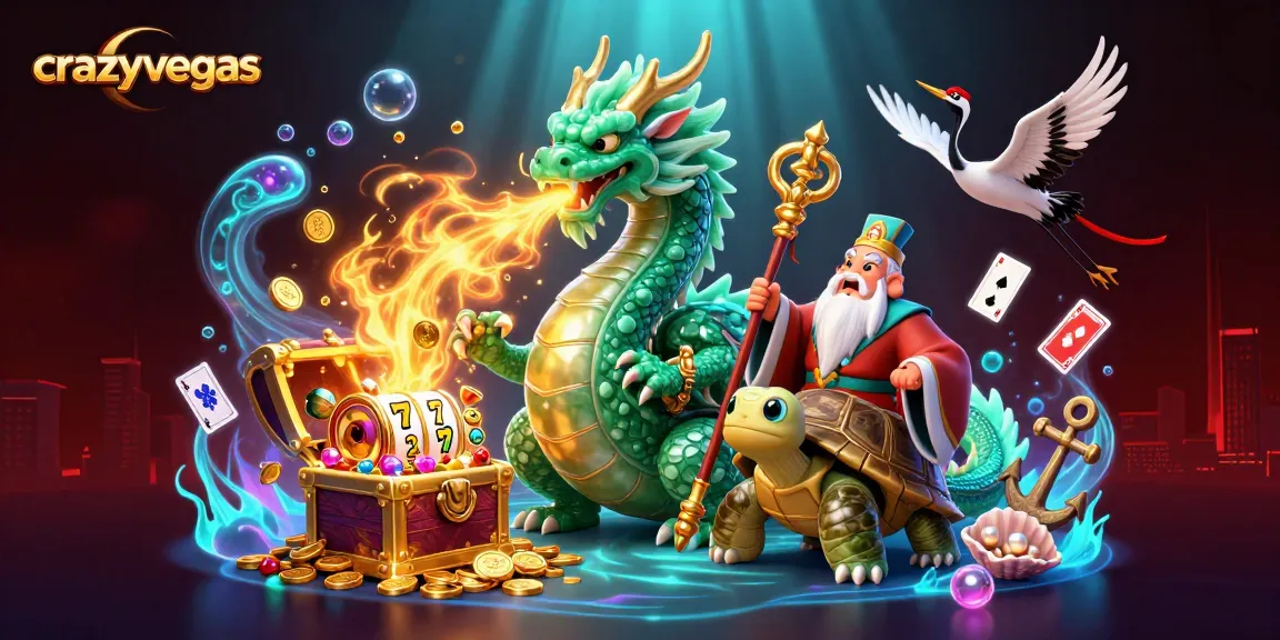 Spin to win with crazyvegas in an ultra-detailed 3D illustration featuring mythical characters and casino elements.